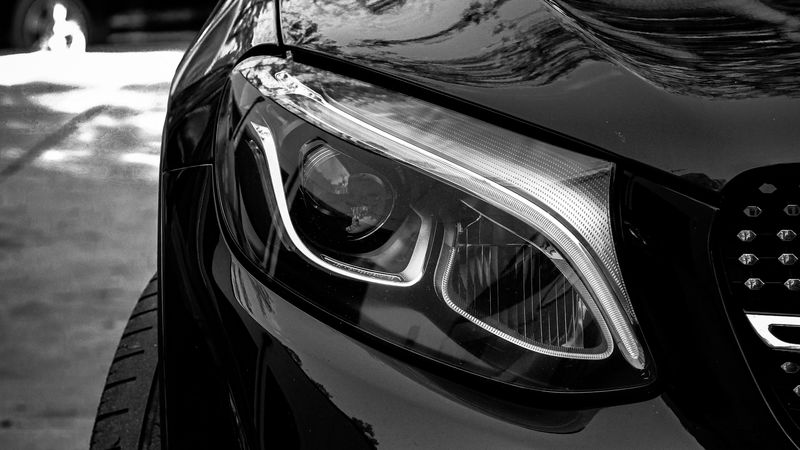 car, black, front view, headlight, bw, 4k