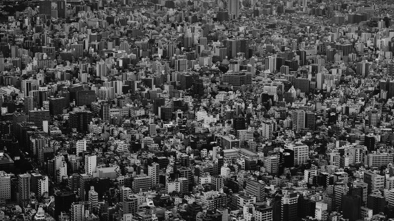 city, buildings, aerial view, metropolis, bw, 4k