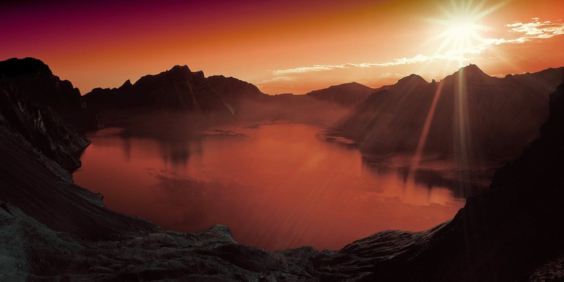 sunset, lake, mountains, landscape, nature, hd, 4k