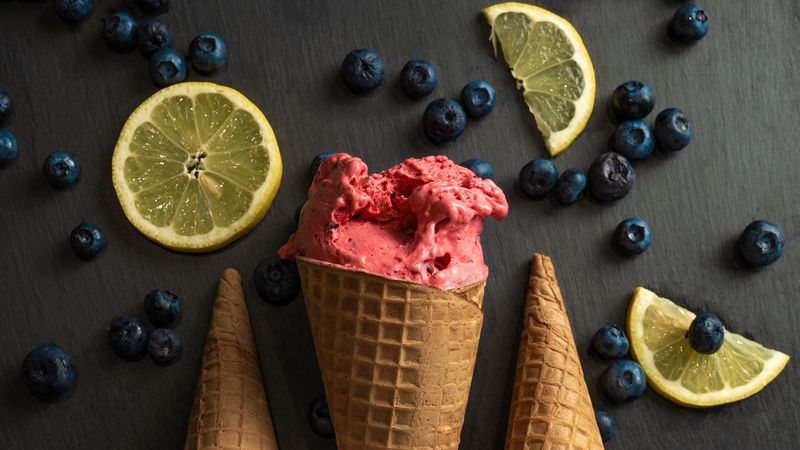 ice cream, waffle, blueberries, lemon, fruit, slices, 4k