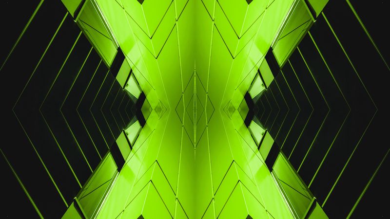 architecture, abstraction, symmetry, reflection, green, 4k