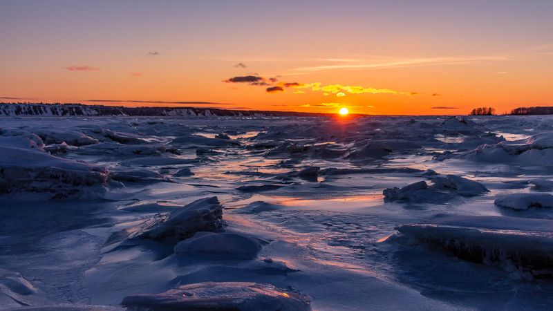 sunset, ice, sea, coast, dusk, 4k
