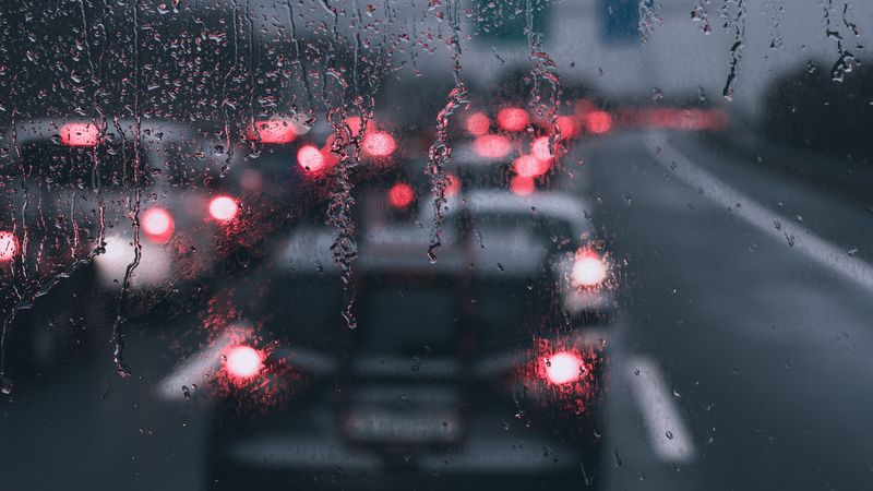 glass, drops, rain, blur, cars, road, 4k