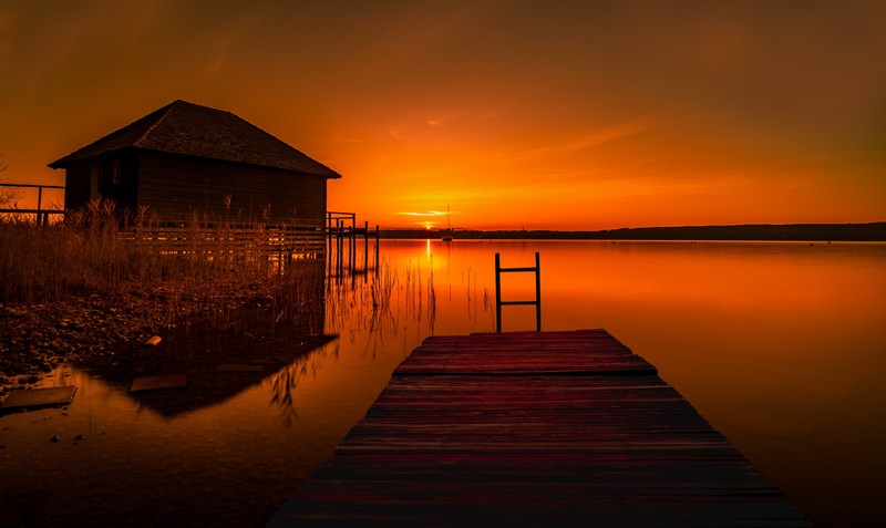 pier, lake, nature, house, evening, hd, 4k, 5k