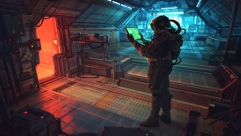 astronaut, tablet, space station, sci-fi, art, 4k