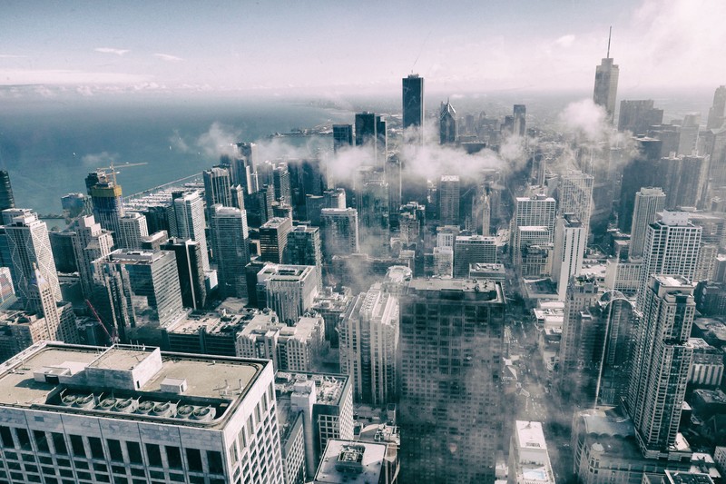 buildings, monochrome, black and white, smoke, fog, hd, photography, 4k