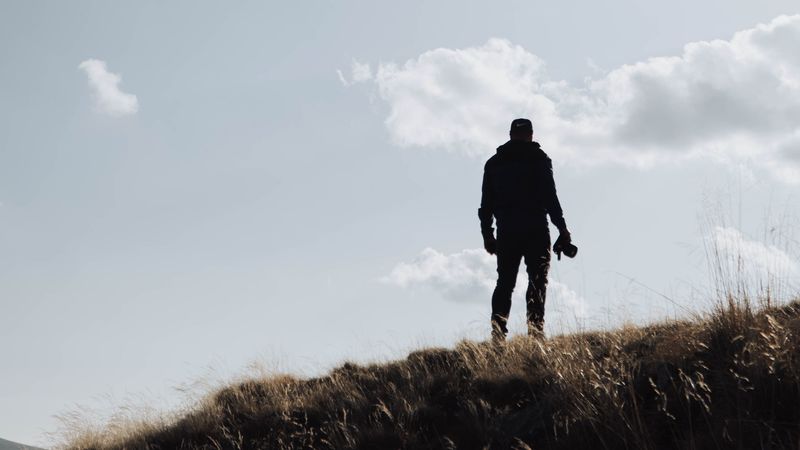 man, silhouette, photographer, hill, sky, 4k