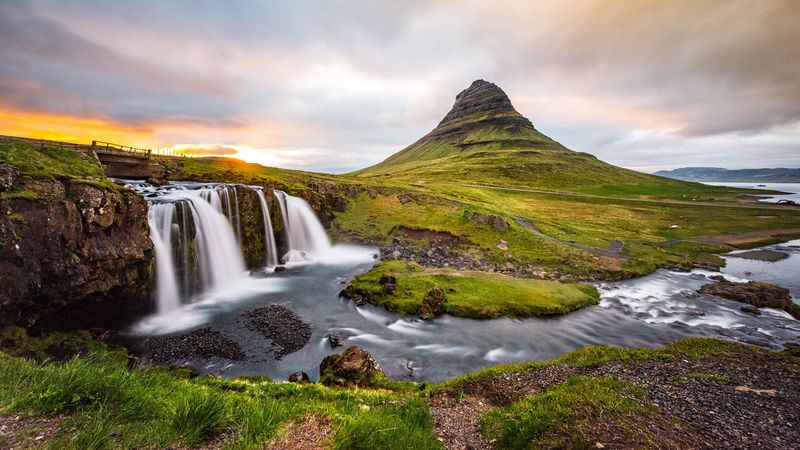 waterfall, river, nature, sunset, 4k