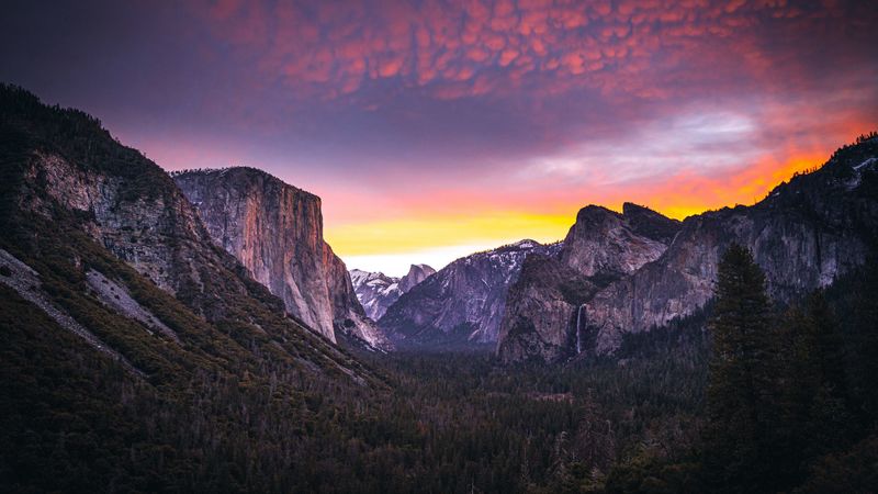 mountains, forest, dusk, nature, 4k