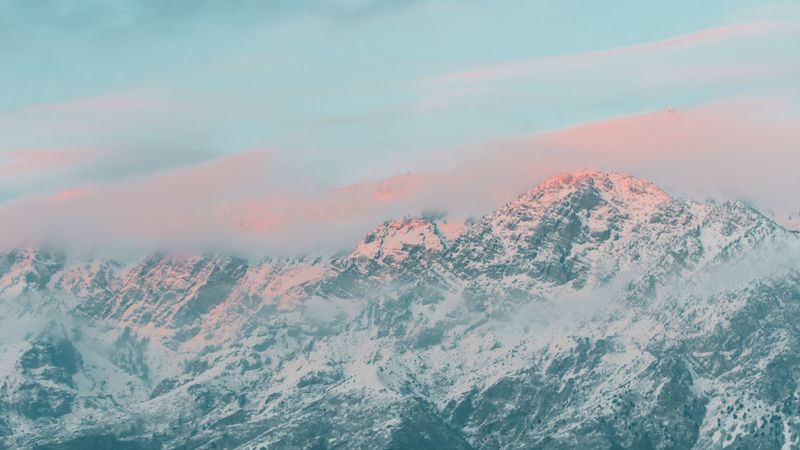 mountains, snow, clouds, landscape, pink, 4k
