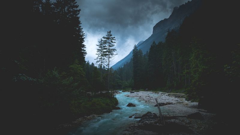 river, forest, mountains, dusk, landscape, 4k