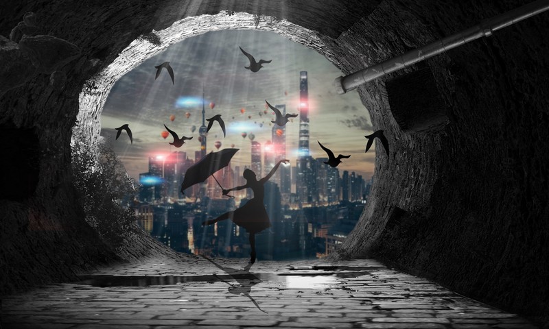 umbrella, birds, artwork, dancing, artist, digital art, hd
