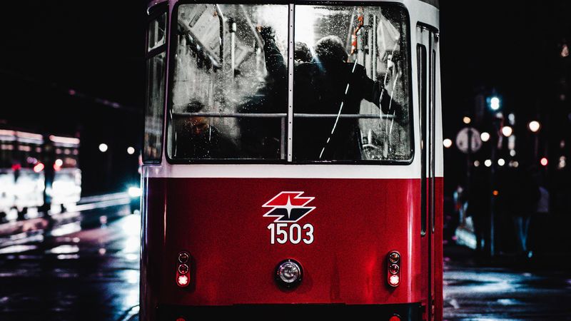 tram, night, city, transport, 4k