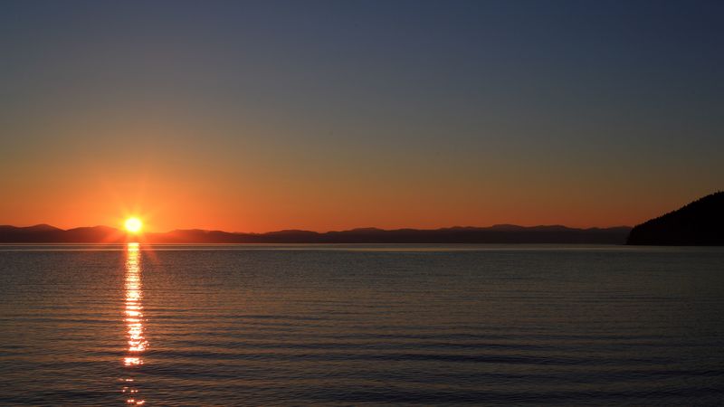 sunset, sun, glare, water, horizon, 4k