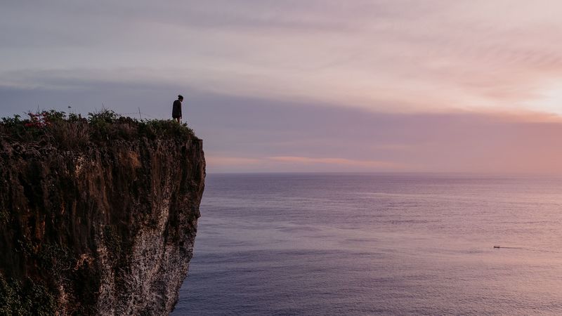 cliff, person, alone, sea, shore, 4k