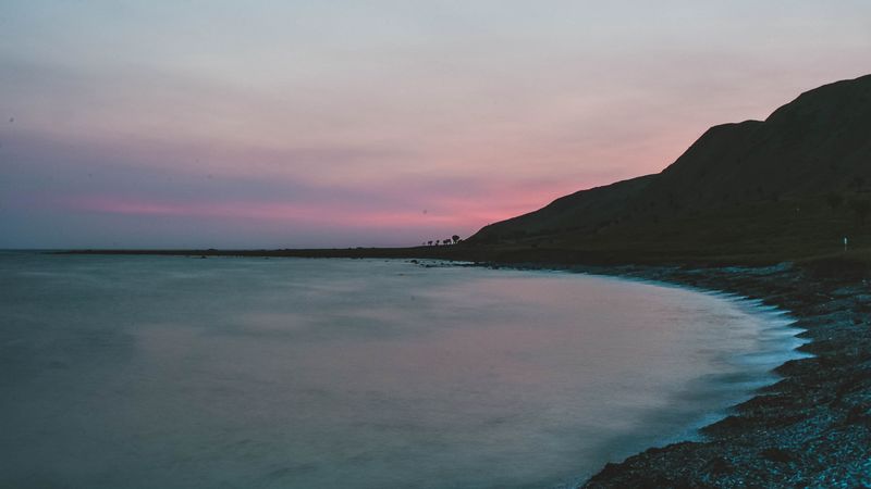 sea, coast, hills, dusk, landscape, 4k