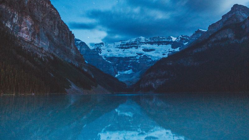mountains, lake, night, dark, landscape, 4k