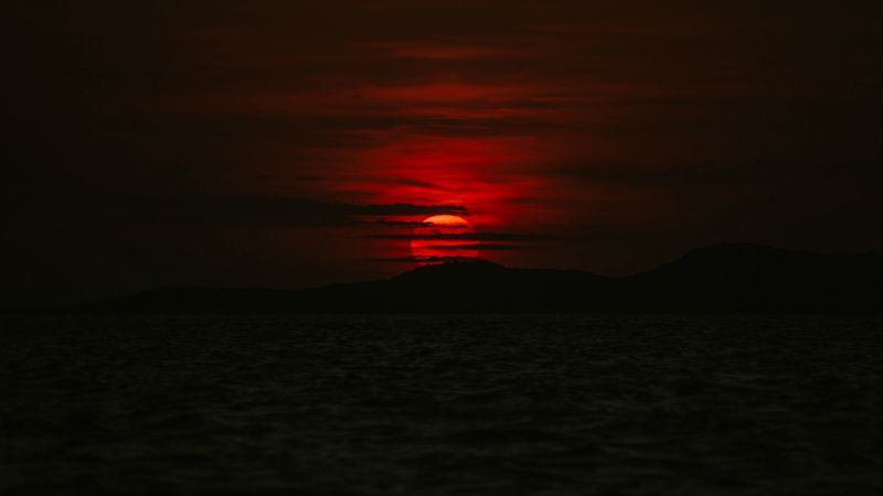 sea, mountains, sunset, sun, dark, 4k