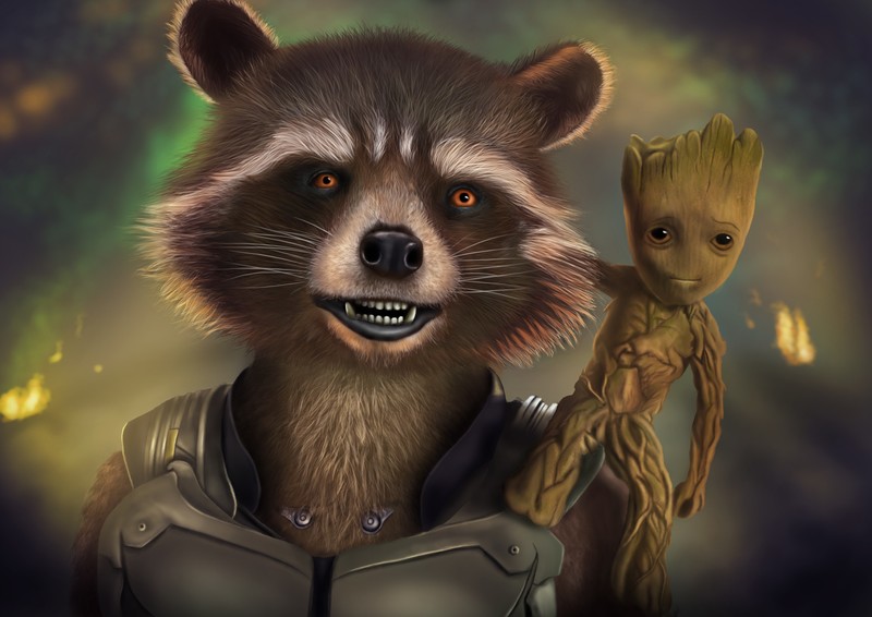 rocket raccoon, baby groot, artwork, hd, 4k, deviantart, artist