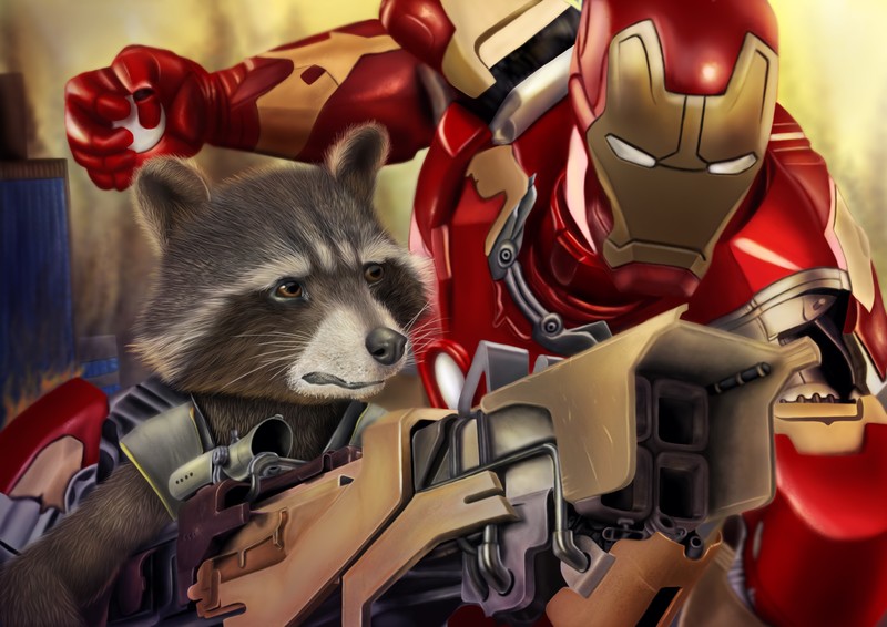rocket raccoon, iron man, digital art, hd, 4k, artist, deviantart, artwork