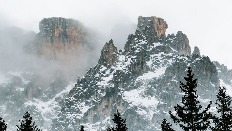 mountains, trees, snow, clouds, nature, 4k