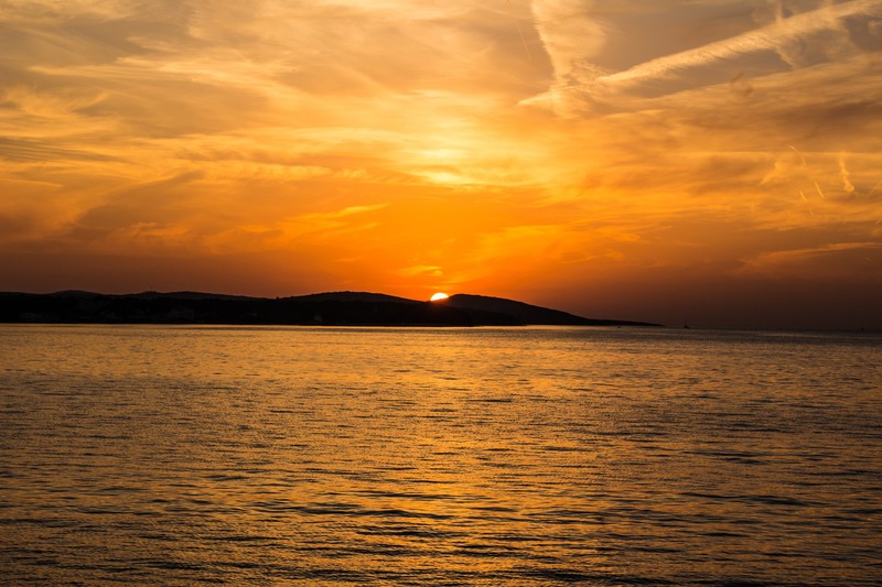 sunset, island, mountains, sea, nature, hd, 4k, 5k