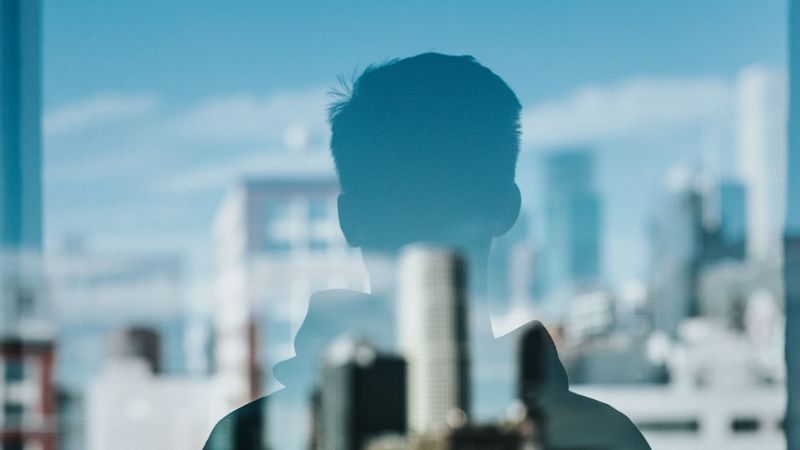 silhouette, reflection, window, city, buildings, 4k