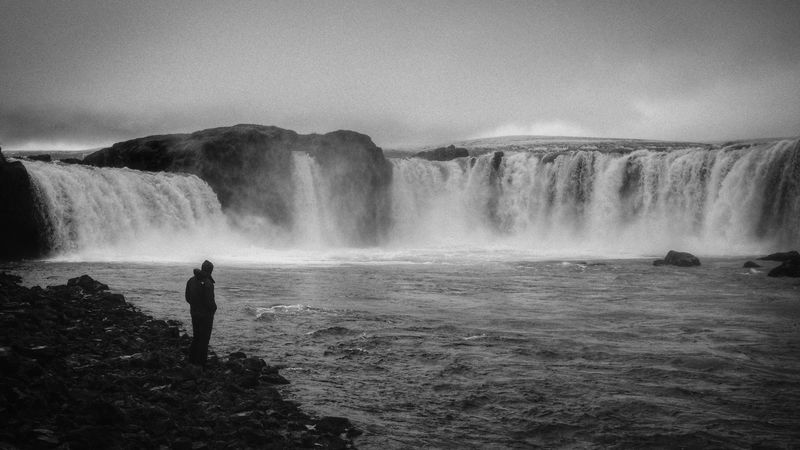 man, alone, bw, waterfall, nature, 4k