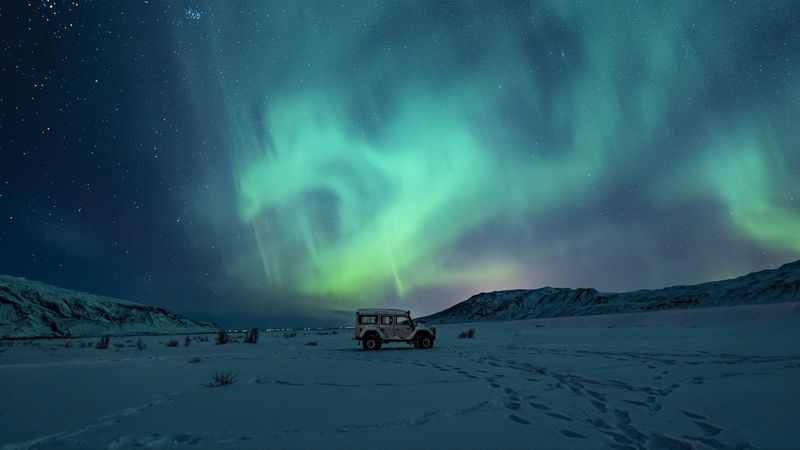 car, suv, northern lights, night, winter, 4k