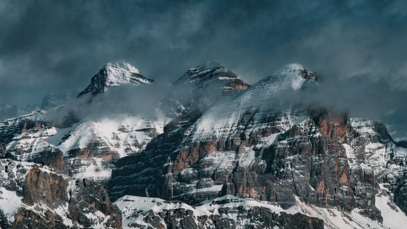 mountains, clouds, snow, landscape, 4k