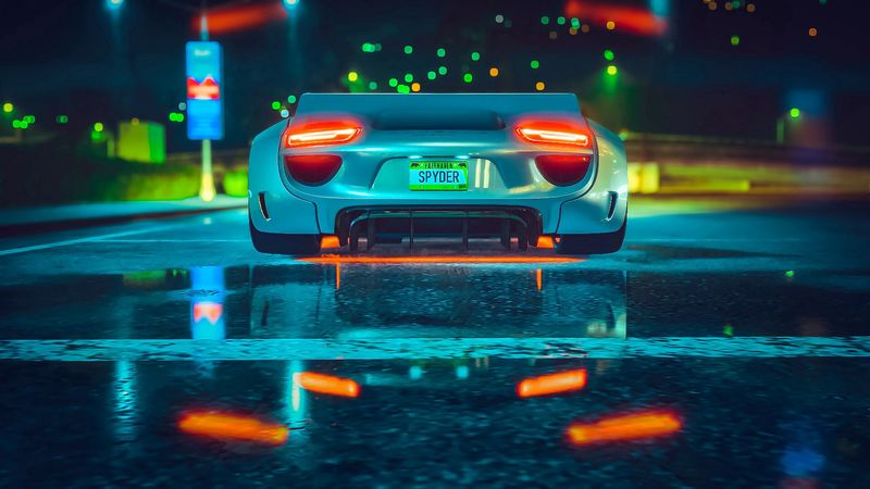 car, sportscar, rear view, lights, road, 4k