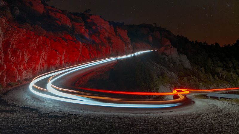 night, mountains, road, turn, backlight, 4k