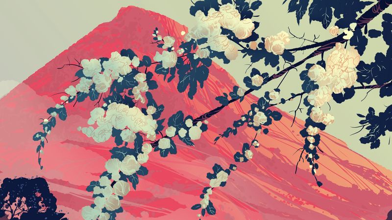 mountain, branches, flowers, landscape, art, 4k