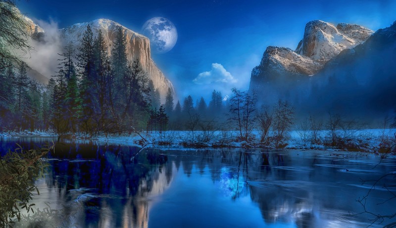 yosemite, national park, nature, mountains, lake, fantasy, hd