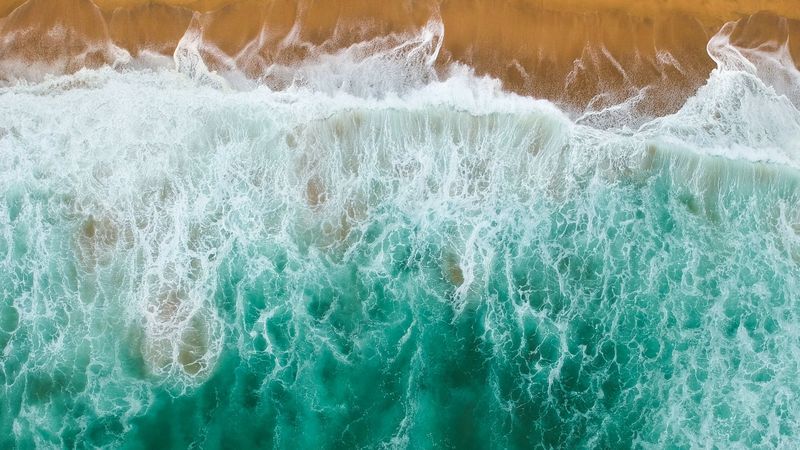 sea, beach, aerial view, waves, water, 4k