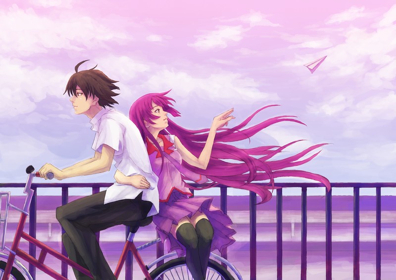 anime girl, anime boy, anime, cycle, 4k, hd, purple, purple hair