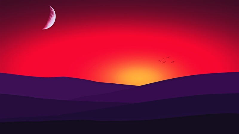 mountains, sunset, birds, hd, artist, artwork, digital art, 4k, minimalism
