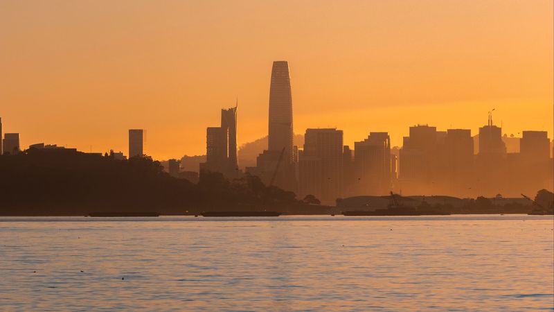 city, buildings, coast, fog, sunset, 4k
