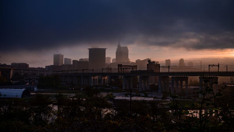 city, fog, buildings, bridge, gloom, 4k