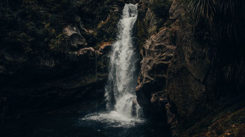 waterfall, rock, stream, water, spray, 4k