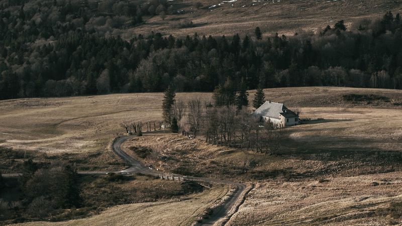 hills, houses, trees, aerial view, nature, 4k