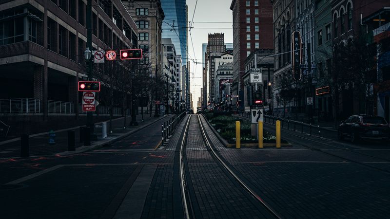 city, street, road, rails, buildings, 4k