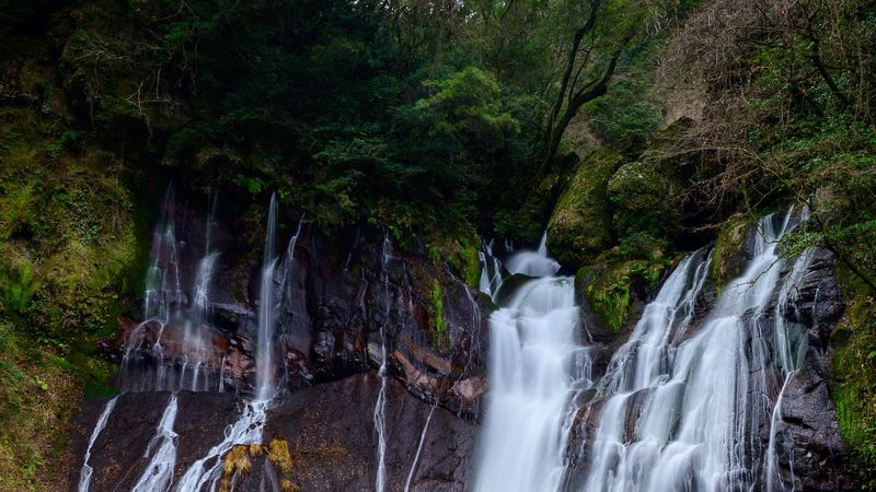 waterfall, water, cliff, trees, landscape, 4k
