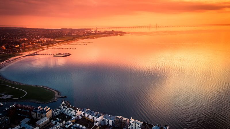 city, sea, aerial view, coast, sunset, 4k