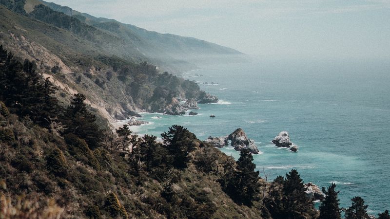 sea, coast, rocks, fog, landscape, 4k