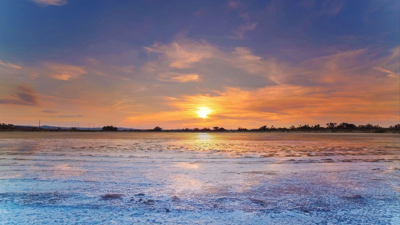 sunset, lake, ice, winter, landscape, 4k