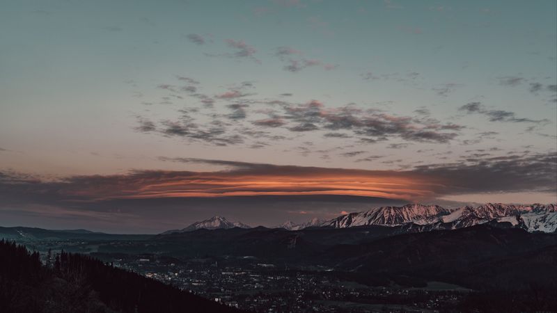 mountains, valley, city, landscape, aerial view, 4k