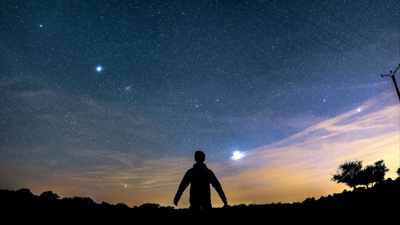 silhouette, dark, alone, starry sky, night, 4k
