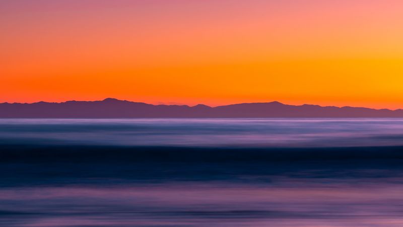 mountains, sea, dusk, landscape, blur, 4k