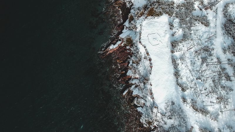 sea, coast, aerial view, snow, winter, 4k